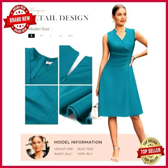 Sleeveless V Neck Midi Dress A Line Ruched Waist Business Elegant Chic - Picture 4 of 7